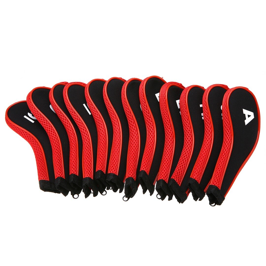 Alta qualidade 12 pçs de borracha neoprene golf club head cover ferro putter com zíper longo pescoço proteger conjunto número impresso: Red