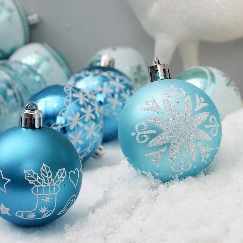 24Pcs 6Cm Blauwe Tekening Kerstballen Kerstboom Opknoping Bal Decor Boom Bal Ornamenten Voor Xmas Party Supplies decor