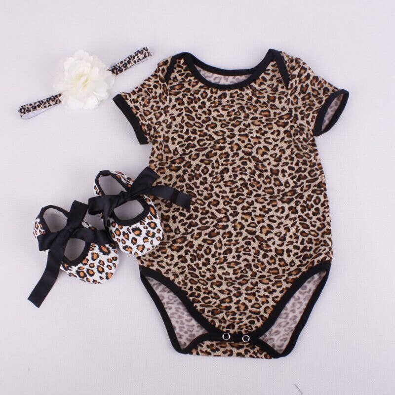 3 uds recién nacido Ropa para bebé (niño o niña) de manga corta de verano Floral leopardo mono diadema zapatos de