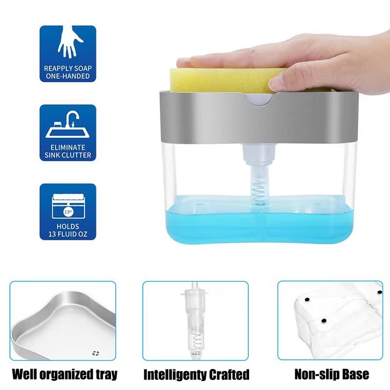 Dispensador de jabón portátil con prensa de detergente para cocina, paño limpio Pak, olla para lavar platos, herramienta de limpieza