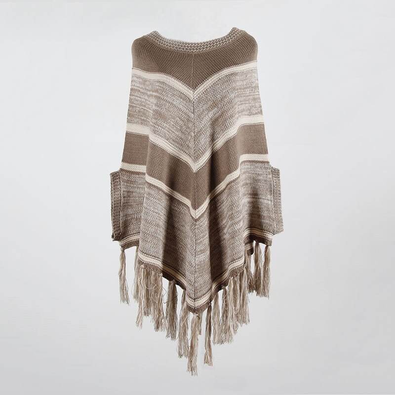 Autumn winter strip Cloak shawl Pullover knitted sweaters women Fringed cloak shawl geometric color matching sweaters women: Khaki
