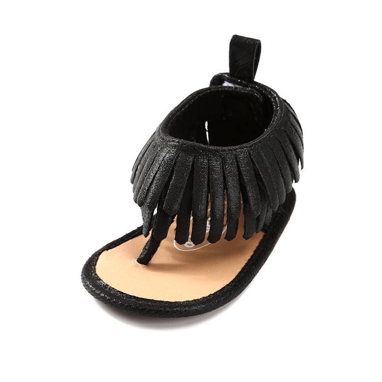 Newborn Infant Toddler Baby Sandals Girls Bling Shining Fringe Anti-Slip Cotton Sole First Walkers Summer Party Shoes: Black / 7-12 Months