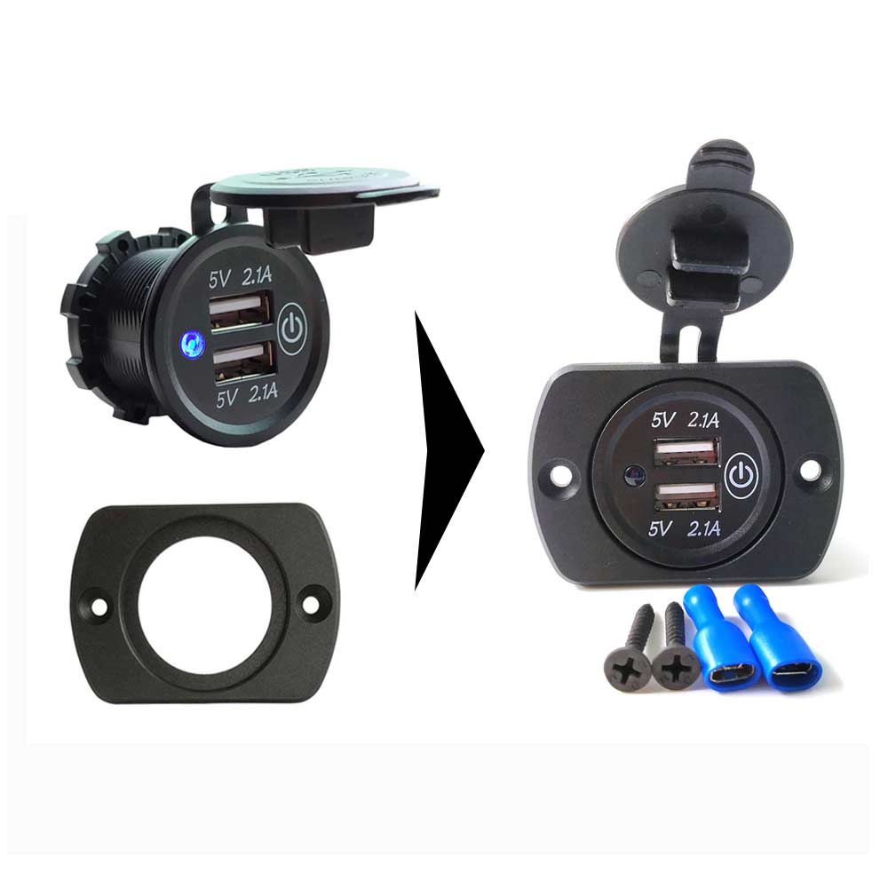 12v-24v auto dubbele usb-lader voor motorfiets atv auto vrachtwagen boot blauwe led-lamp socket mount lader stroomadapter stekker 5v 2.1a