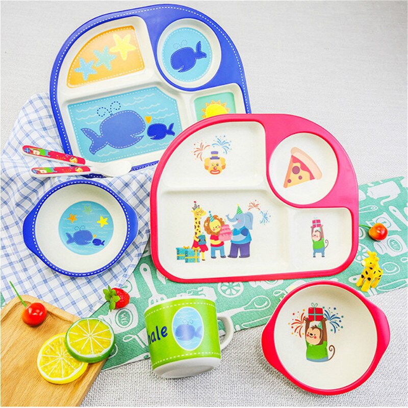 5 unids/set de vajilla de comida de dibujos animados para niños, plato de comida para niños, platos de alimentación para bebés y niños, tazón de entrenamiento, cuchara, tenedor