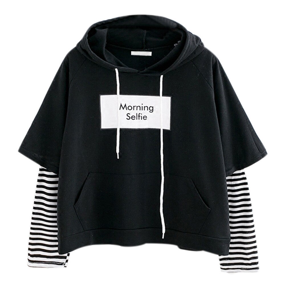 Kpop efterår kvinder sweatshirt stribet ærme patchwork afslappet hættetrøjer bomuld forår kpop harajuku exo tøj s-xl: Bk / M