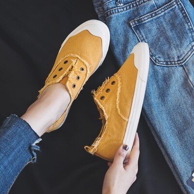 Dam loafers vit kortfattad grundläggande stil enfärgad slip on lady spring vulkaniserad sko canvas tyg sneakers snygga 35-40
