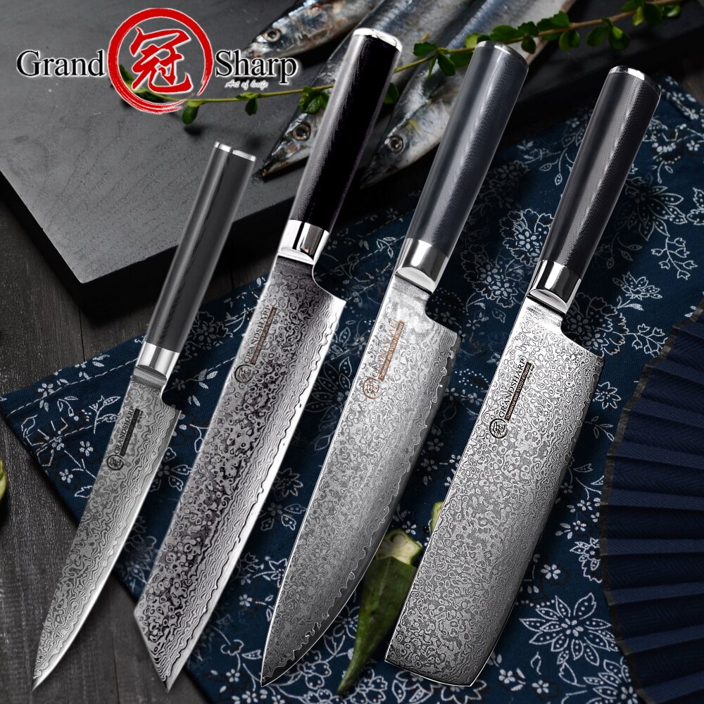 Chef Knife Set VG10 Japanese Damascus Steel Nakiri Kiritsuke Utility Kitchen Knives Cooking Tools Stainless Steel Scabbard