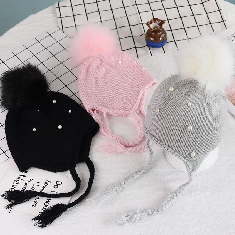 Söt baby mössor keps barn virka vinter varma stickade mössor barn keps bebis pojke flickor pärla hår boll öronsnäcka hatt