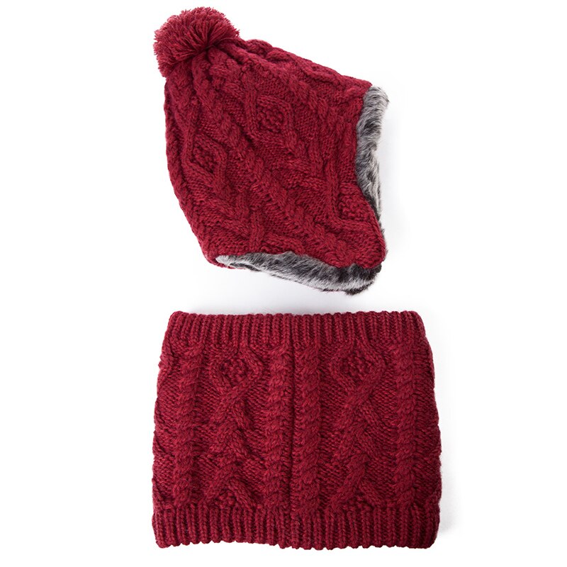 Fancet kvinder vinter bomber hat sæt varm uld blød pompon øreklap hatte solidt tørklæde balaclava søde afslappede kasketter hatte 89216: Rød