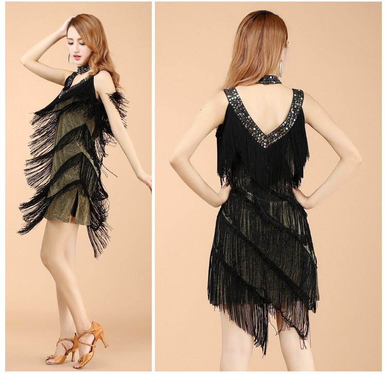 Ladies Cocktail&club Latin Dance Party Asymmetric Fringe V-neck Dress: Black