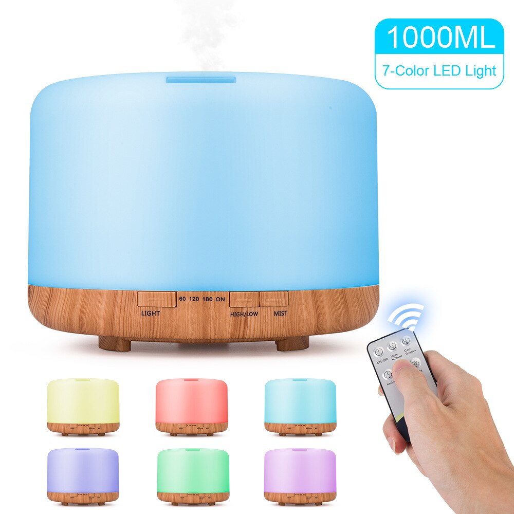 1000Ml Aroma Diffuser Ultrasone Luchtbevochtiger Aromatherapie Essentiële Olie Mist Maker Met Afstandsbediening Nachtlampje Voor Thuis: 1L Light Wood Grain / ons