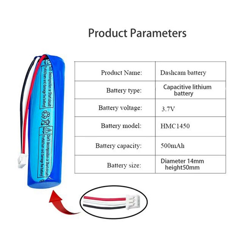 100% original battery, 70mai dash cam A800 hmc1450 backup battery, battery, 3-wire plug, 14x50mm, 3.7 V, 500 MAH,