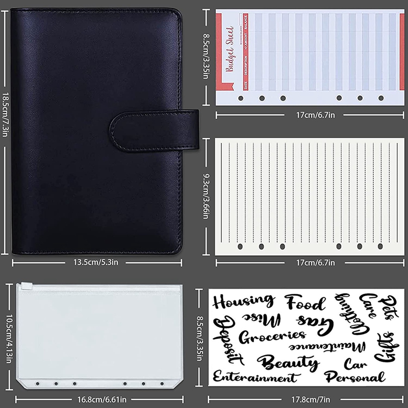 A6 Binder,PU Refillable 6 Ring Notebook Binder Binder Pockets,Expense Budget Sheets Sticker Labels,Labels