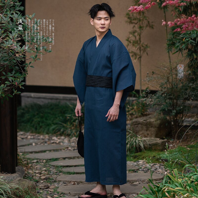 Traditionele Japanse Kimono Mode Yukata Zomer Mannen Lange Gewaden Met Riem 95% Katoen Pyjama Set Mannelijke Nachtkleding Badjas: 08 / M