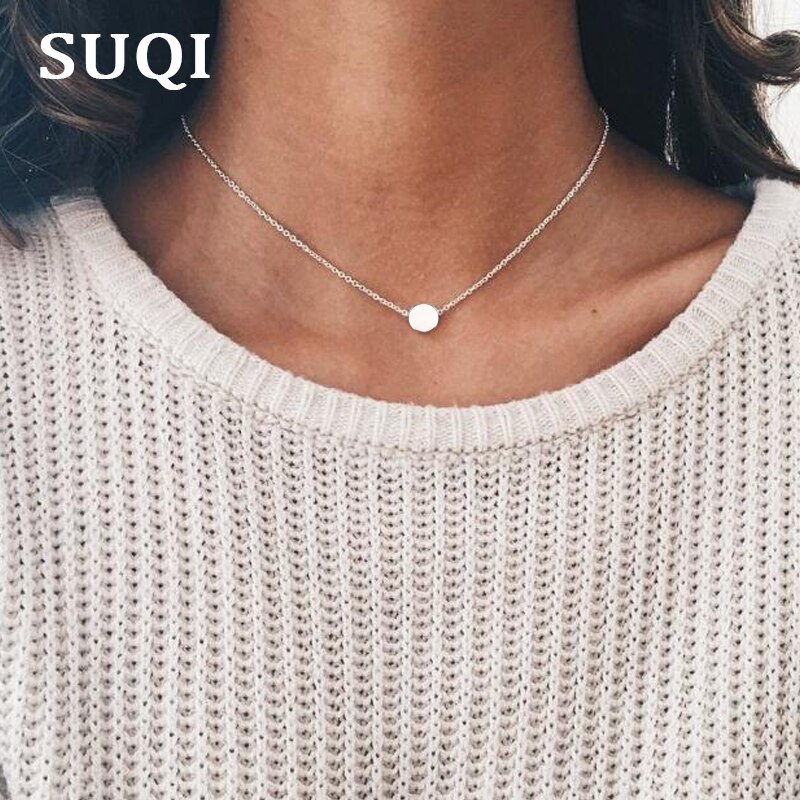 SUQI Estrela rodada Mulheres Colar Gargantilha de cor Prata de aço inoxidável Cadeia Colar de jóias Pingentes de Colares espessamento Femme 2019