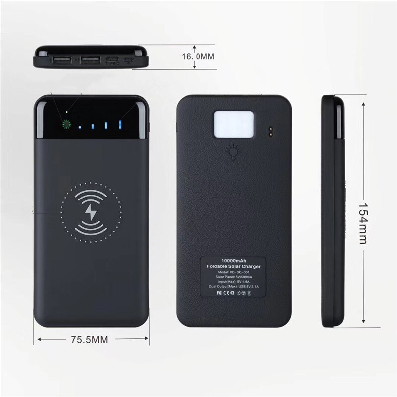 10000 MAh Power Bank Outdoor Portable Detachable Foldable Solar Panel Charger Wireless / Wired Charging With LED Light For Phone