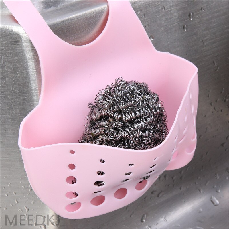 1pcs kitchen rack faucet sponge drain rack hanging adjustable snap button hanging bag sink storage hanging basket: pink