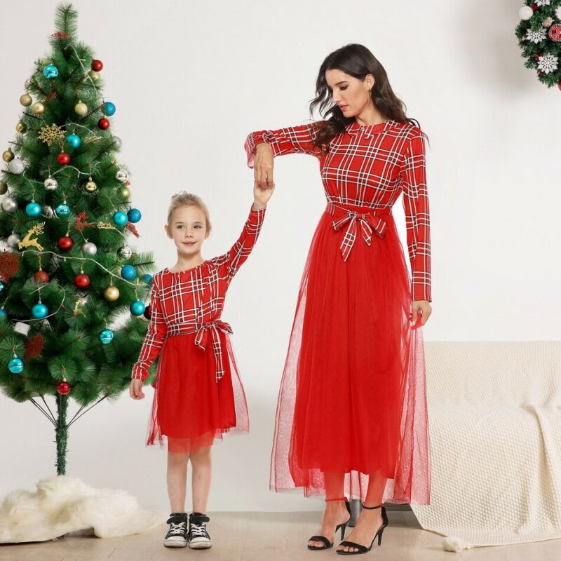Women Baby Girls Family Matching Clothes Mother Daughter Lace Tulle Red Dress Princess Plaid Mesh Splice Dress Wedding Ball Gown