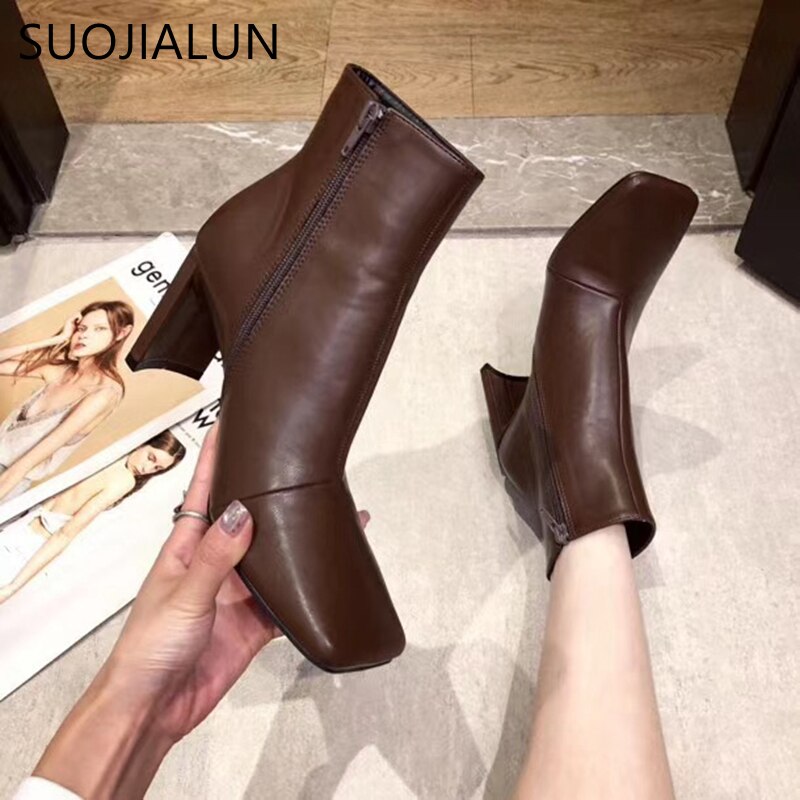 Suojialun dames enkellaarsjes met vierkante hak, dames korte laarzen met vierkante neus en rits, dames herfst/winter pumpschoenen