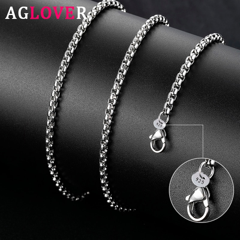 AGLOVER 925 Sterling Silver 5MM 18/20/24 Inch Round Box Chain Necklace For Woman Man Wedding Engagement Jewelry