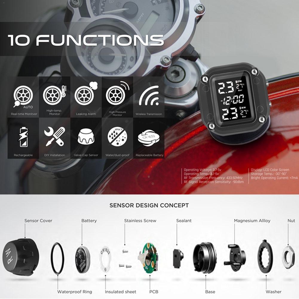 Motorcycle Tires Pressure Monitor Sensor Waterproof Real Time Tire Pressure Monitoring System TPMS Android Tpms With LCD