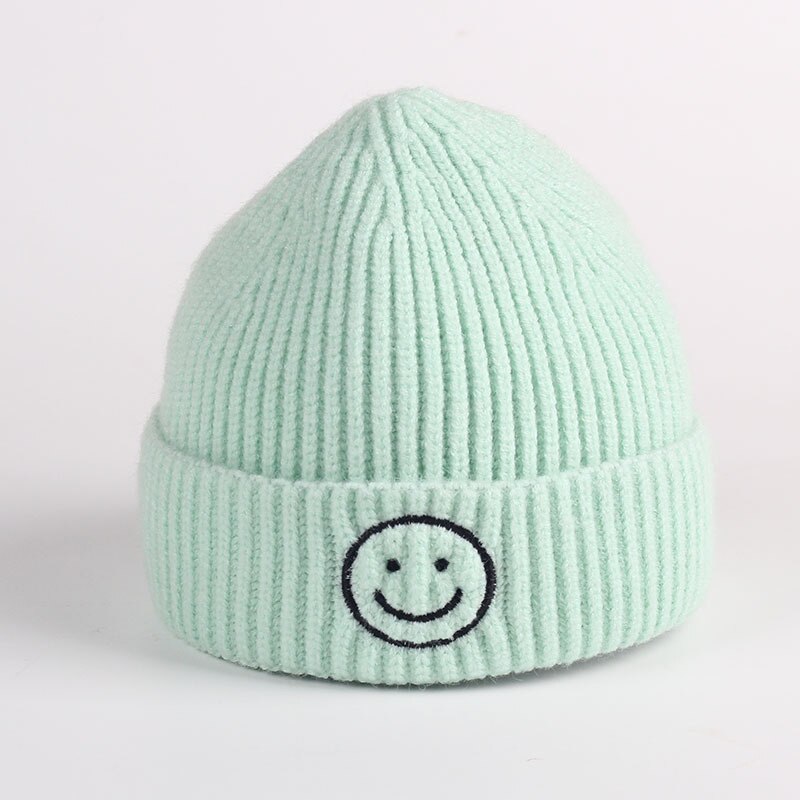 Embroidered Smile Hat Toddler Children Hats For Boys Girls Knitted Infant Baby Winter Thick Kids Cute Hat 0-6Y: light green