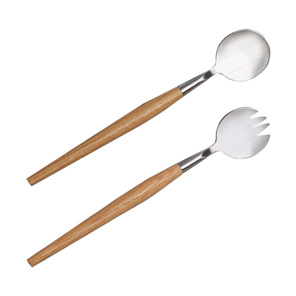2 st och gaffelsats rostfritt stål trähandtag salladservrar bestick fruktbesticksservis