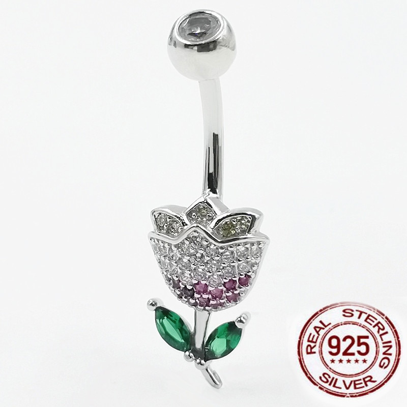 925 sterling silver Anelli Del Tasto di Pancia Rosa di figura del fiore CZ Ombelico Anelli di Pancia Piercing gioielli per Le Donne