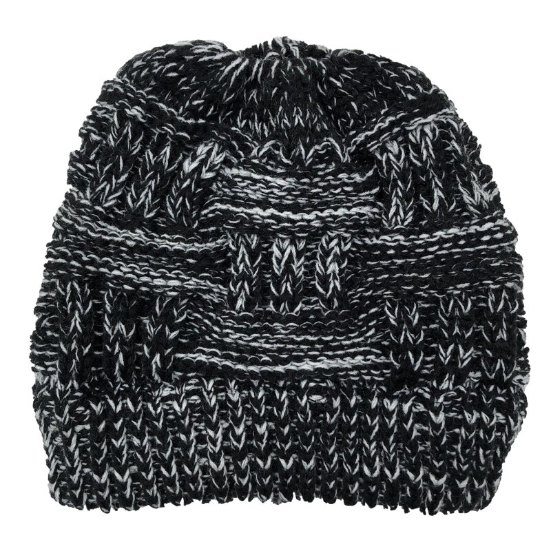 Women Winter Chunky Plaid Crochet Knitted Beanie Hat with Ponytail Hole High Messy Bun Solid Color Stretch Snow Ski Skull Cap: A