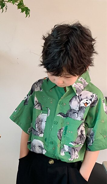 Maglietta a maniche corte allentata in cotone Unisex con stampa a forma di cane per ragazzi e ragazze di moda estiva 2022: Green / 7T