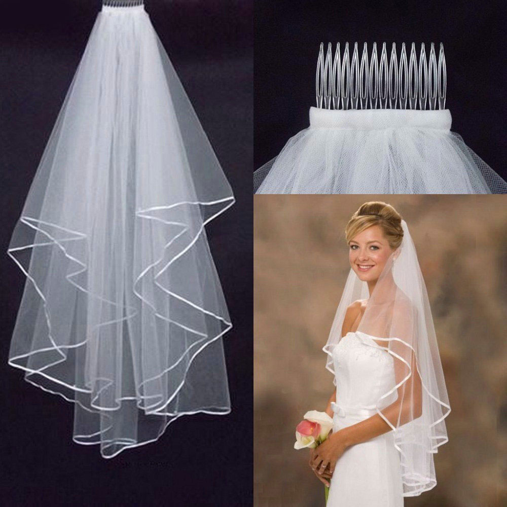 hochzeit Einfache Tüll Weiß Elfenbein Zwei Schichten Braut Schleier Band Rand Billig Braut Zubehör 75cm Kurze Frauen Schleier mit Kamm