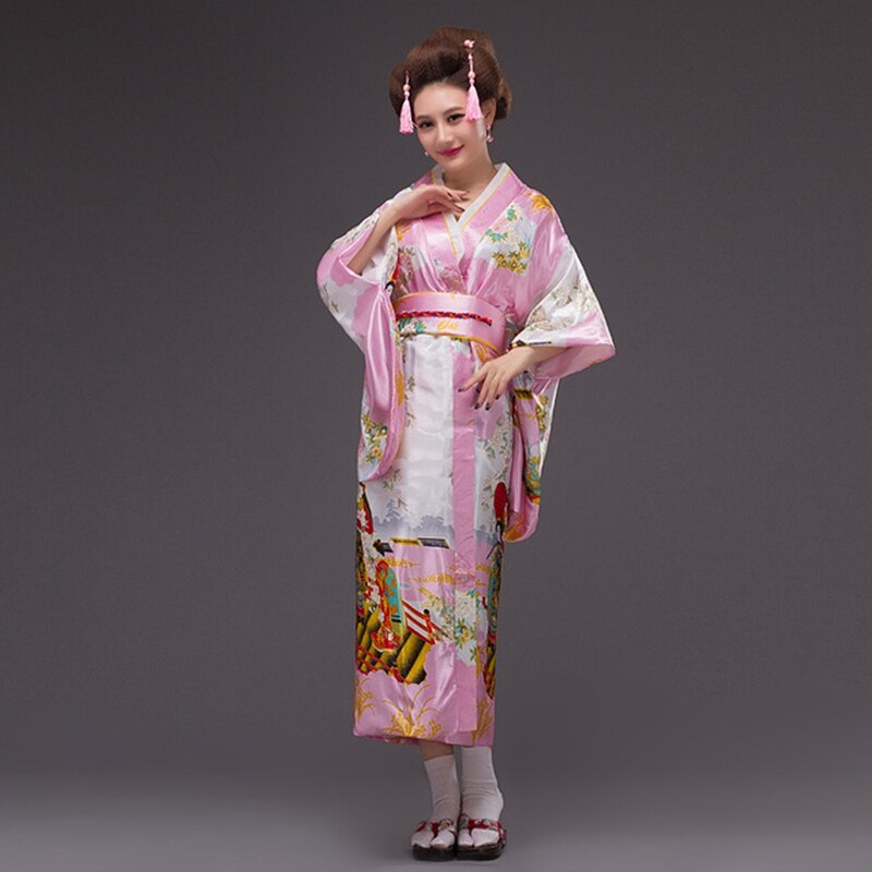 Japanese Women Original Yukata Dress Traditional Kimon Performance Dance Costumes samurai японская одежда kimono feminino: pink