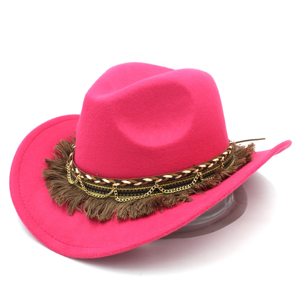 Mistdawn-sombrero vaquero occidental para mujer, gorra de disfraz de vaquera, visera ancha de lana, banda trenzada, talla 56-58cm, BBG: Rose Red