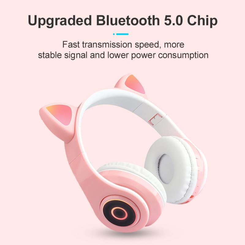 Kat Oor Bluetooth 5.0 Headset Draadloze Hifi Muziek Stereo Bass Hoofdtelefoon Led Licht Mobiele Telefoon Meisje Dochter Headset Voor pc