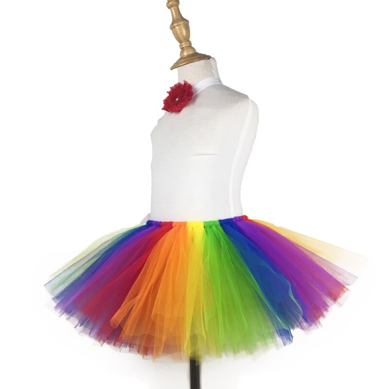 Girls Rainbow Tutu Skirt Baby Handmade Tulle Ballet Pettiskirts Tutus with Red Flower Hairbow Set Kids Party Costume Skirts