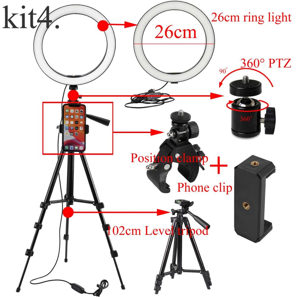 Anillo de luz LED Cámara fotografía anular lámpara estudio Ring Light para vlogg vídeo disparo retrato maquillaje con trípode teléfono Clip: Kit 4