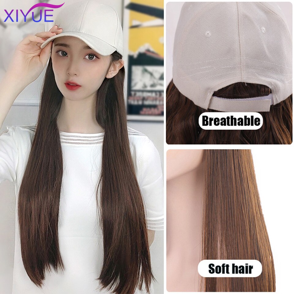 Long Synthetic Baseball Cap Hair Wig Natural Black Cap Hair Extensions Natural Wave Wigs Naturally Connect Hat Wig Adjustable