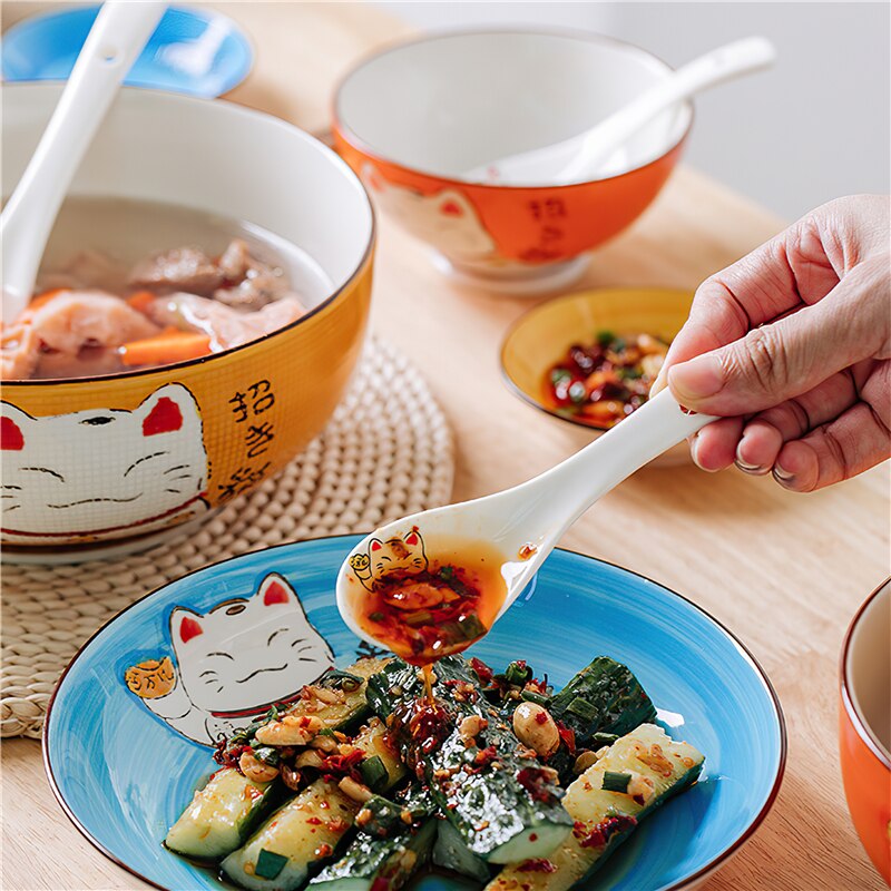 Lingură de supă din ceramică 14cm japoneze alb pisică norocoasă din porțelanul de masă veselă restaurant rechizite de bucătărie de uz casnic veselă