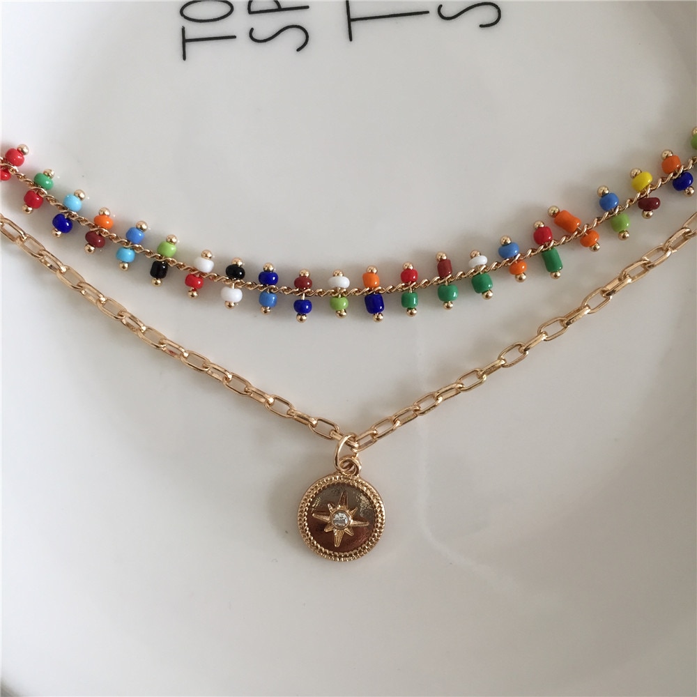 Chic Women Girl Pendant Necklace Gold Color Colorful Bead Europe Style Layered Necklace Christmas