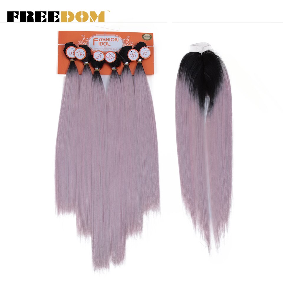 FREEDOM mèches Yaki synthétiques lisses ombrées de 16 à 20 pouces avec Closure, extensions de cheveux, lot de 7 pièces
