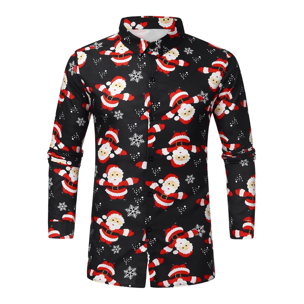 Feitong Christmas Shirts For Men Casual Snowflakes Santa Candy Printed Top Blouse Black Shirt Homme Camisas: XXXL