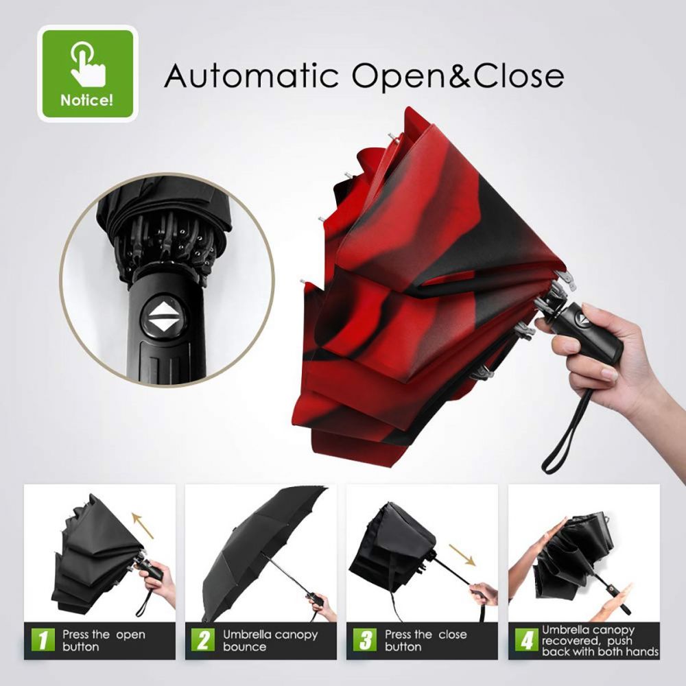Automatic Umbrella Red Rose three-fold umbrella women men rain umbrella