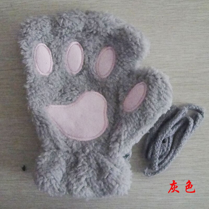 Gants de dessin animé chat fille, mitaine épaisse peluche ours patte demi-doigt G22: Gray