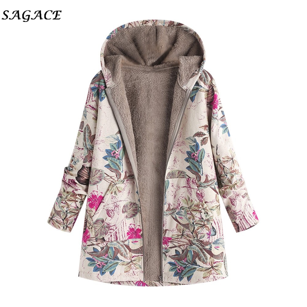 Sagace Kleding Jassen Vrouwen Winter Rits Warme Jassen Lady Warm Uitloper Bloemenprint Capuchon Zakken Vintage Oversize Jassen