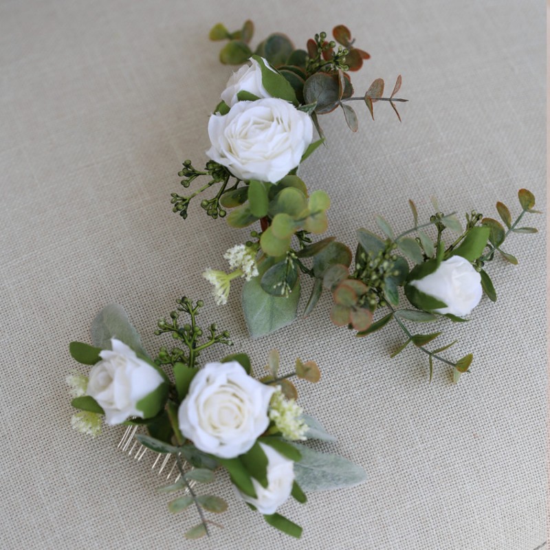 Dower me blanco Floral nupcial accesorios pelo peineta verde hoja dama de honor pelo corona boda tocado