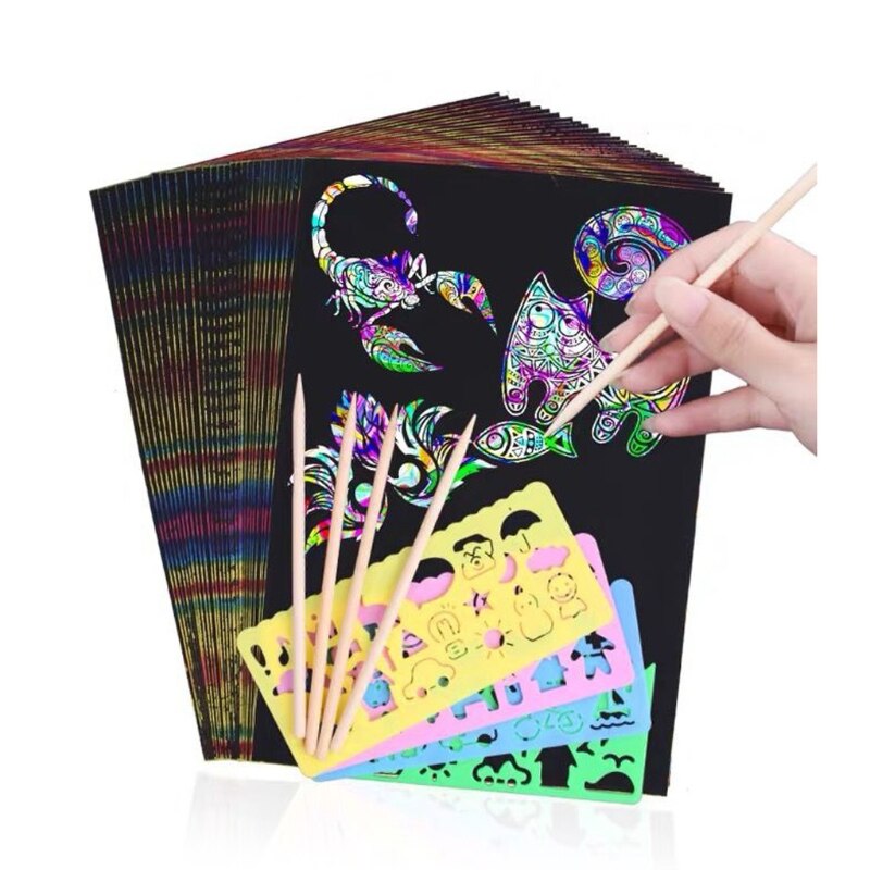 Juego de papel artístico para rascar, 50 Uds., kit de suministros para manualidades de arte, arcoíris, novedad de