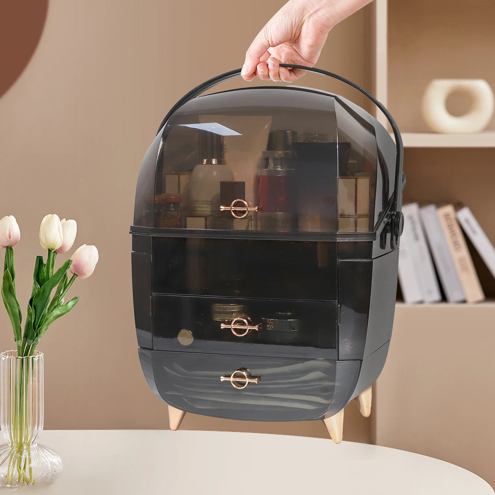 25Organizador de maquillaje para tocador, organizadores portátiles para el cuidado de la piel con tapa y cajones, almacenamiento de maquillaje y vitrina de cosméticos para contar