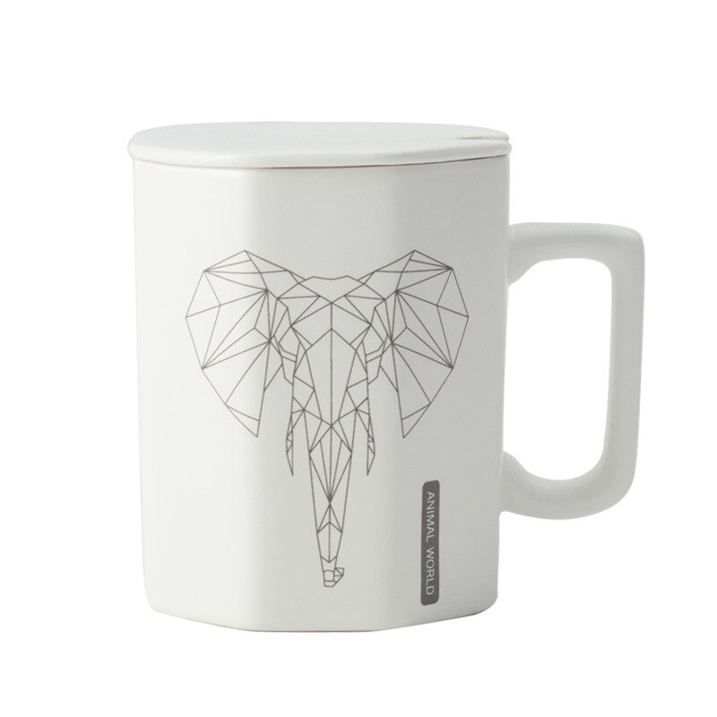 Unique Polygonal ceramic Mug with lid spoon,Male female office mugs couple cups Cartoon cute tea mug Drinkware cup: 03