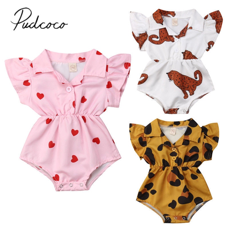 Neue Kleinkind freundlicher Baby Mädchen Jungen Hemd Strampler Kurzarm Drehen Unten Kragen Overall Sommer Kleidung Leopard Herzen