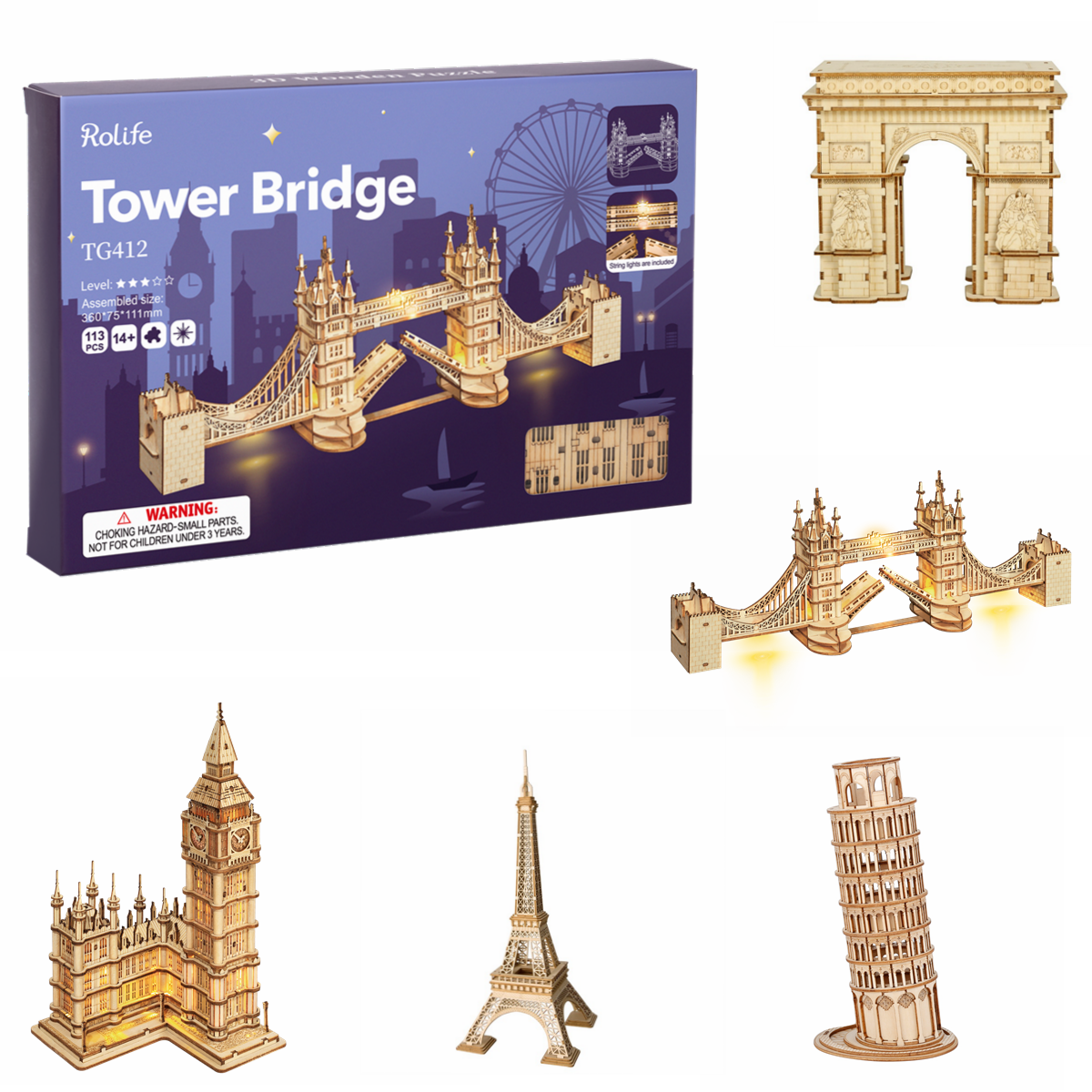 Robotime Wooden Puzzle Game DIY 3D Tower Bridge,Big Ben,Famous Building Assembly Toy for Children Teen Adult